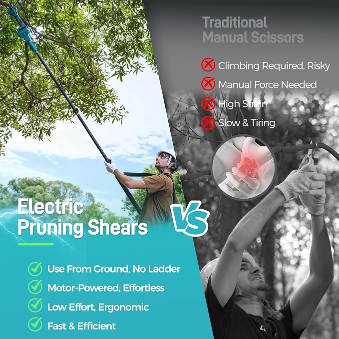 2-in-1 Electric Pruning Shears Cordless, 1.6" Cutting Diameter, Pole Pruner with 12.8Ft Reach Extension Pole, 2×4.0Ah Battery Powered Electric Pruner for Tree Flower Trimming