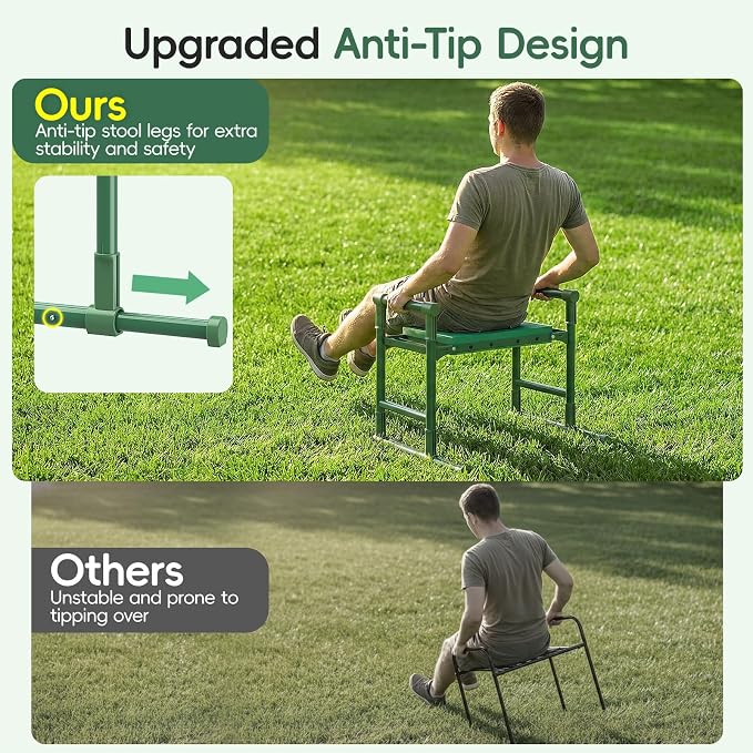 Housolution Garden Kneeler and Seat with Anti-Tipping Extendable Legs, Foldable and Portable Garden Stool with 2 Tool Bags, Thick Soft Kneeling Pad, Gardening Gifts for Women Men Seniors, Deep Green