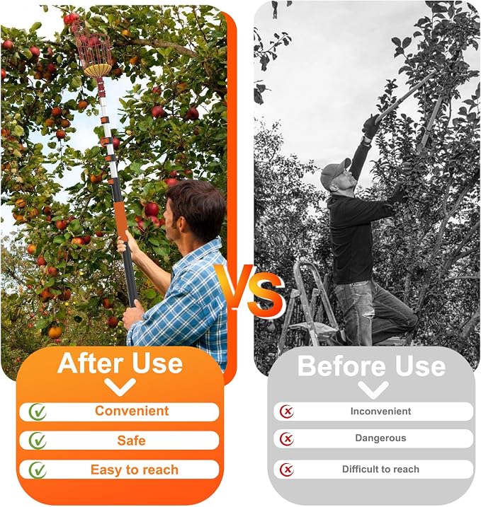 LAANPOLE 36FT Reach Fruit Picker Pole with Basket Telescoping, Apple Picker with 7-30FT Telescoping Pole for Apple Orange Lemon Mango Avocado Guava Fruit Picking