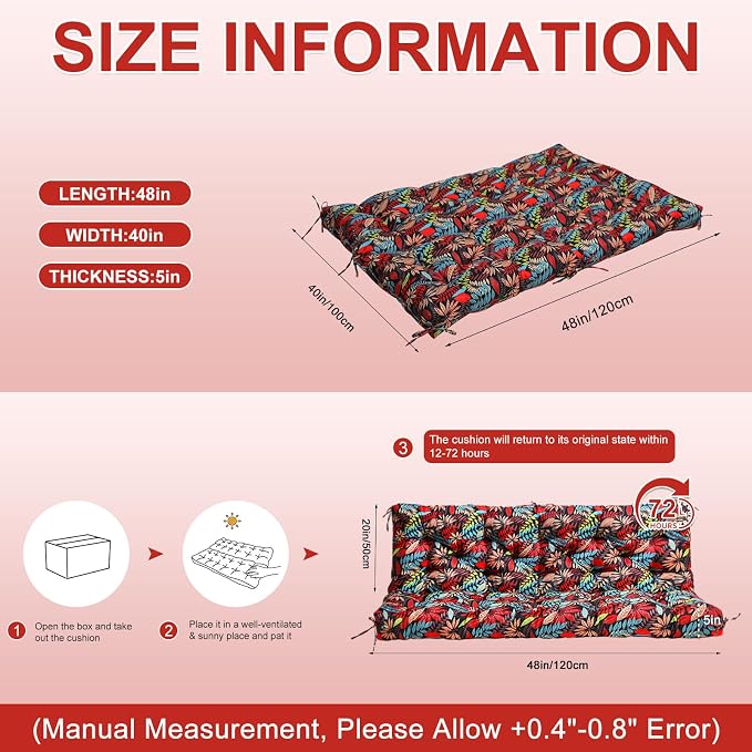 Porch Swing Cushions 48 inch Waterproof & Fade Resistant Thicken 5" Outdoor Swing Cushions 2 Seater Replacement with Backrest & Ties Patio Swing Cushions for Outdoor Furniture (Red Leaves)