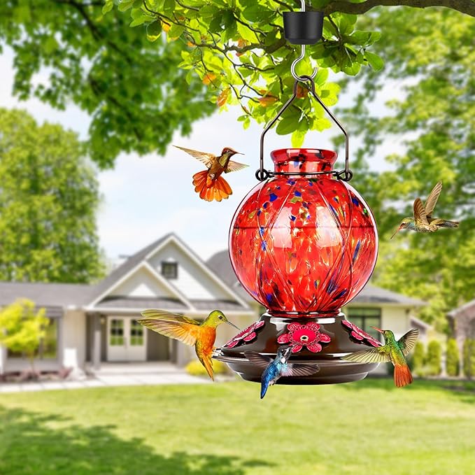 Hummingbird Feeder, BOLITE Glass Hummingbird Feeders for Outdoors Hanging, 20 Ounces, Leak Proof, Meshy Texture Ball Shape Bottle, Red, Birthday Gifts for Women Men, Gifts for Mom Dad