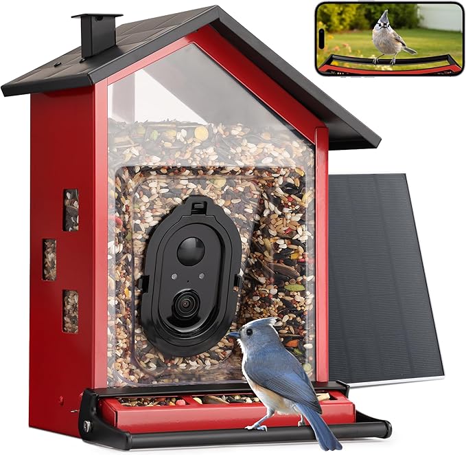 TT Nature Smart Bird Feeder with Camera, Heavy-Duty Chew-Proof Metal Casing, Solar Powered, AI Identify Bird Species & Instant Notifications, 3.2L Large Capacity Bird Watching Gift, Red
