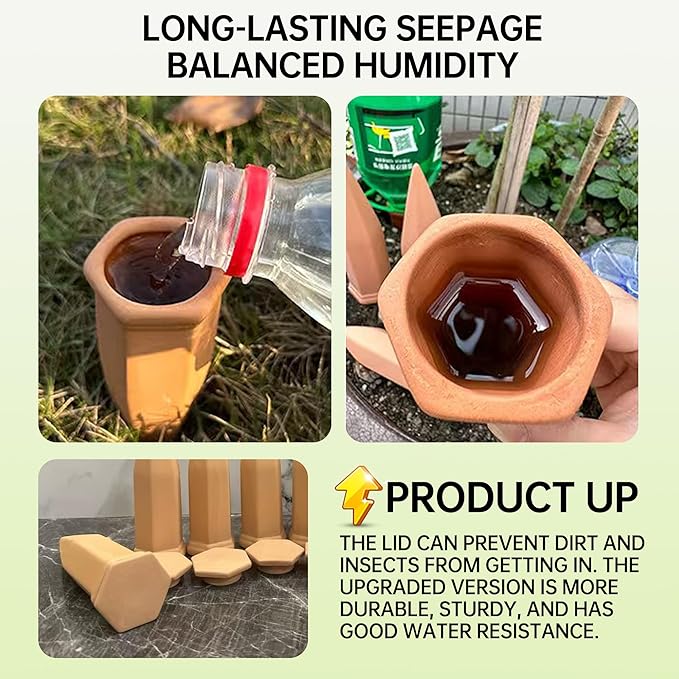 Large Clay Plant Watering Spikes with Lids | 6 Pack Automatic Self Watering Stakes for Large Indoor & Outdoor Planters | Terracotta Vacation Plant Waterer with Bonus 3-Tooth Soil Loosening Rake