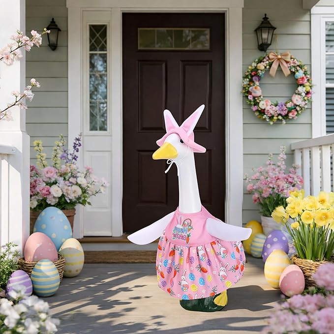 Watayo 2 Pcs/Set Easter Bunny Porch Goose Outfits, Spring Easter Rabbit Lawn Goose Clothing Costume, Garden Goose Clothes Pink Dress and Bunny Ears Hat for 23" High Statue Outdoor Patio Yard Decor