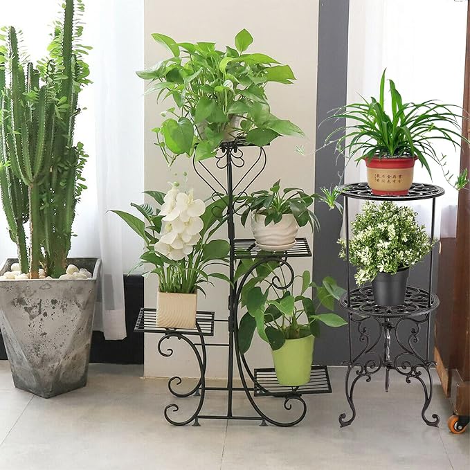 OwnMy Heavy Duty 2 Tiers Cast Iron Plant Stand, Vintage Iron Flower Pot Holder, 2 Layers Tall Decorative Potted Plants Stand Rack, Indoor Outdoor Large Plant Holder for Garden Patio, Retro-Brown