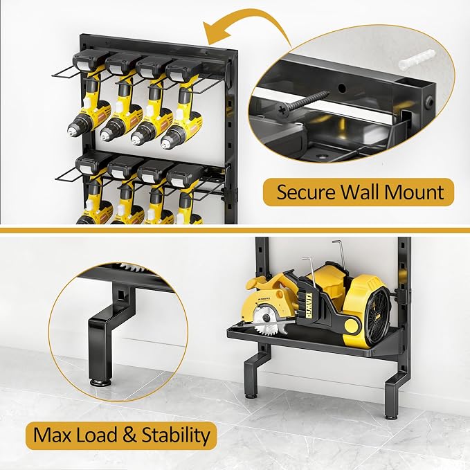 BUKFEN Garage Tool Storage Rack, Wall Mount 5-Tier Heavy Duty Metal Organizer with 8 Drill Holder Slots, Adjustable Shelves, Side Hooks Workshop Utility 1 Pack Black Vertical Space-Saving
