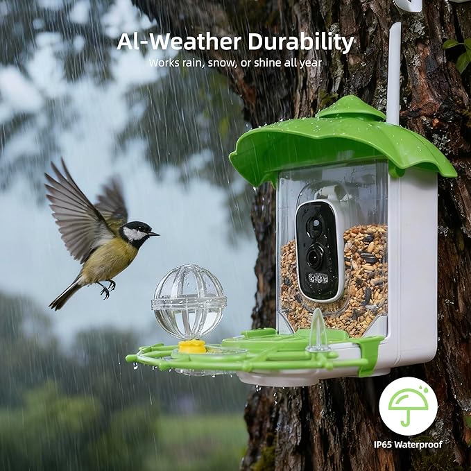 Bird Feeder with Camera,AI Identify Birds Species,Solar Powered,Auto Record Videos in Backyard,Instant Notifications,Ideal Gift for Family and Bird Lovers (Green)