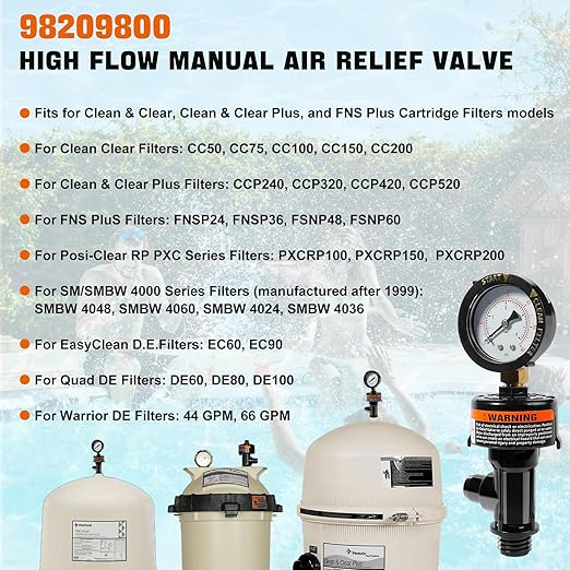 98209800 Manual Air Relief Valve Assembly with Pool Filter Pressure Gauge, Spa Pool Filter Pressure Valve Compatible with Pentair Air Relief Valve Fit for FNS, Clean and Clear, Quad De, 4000 Series