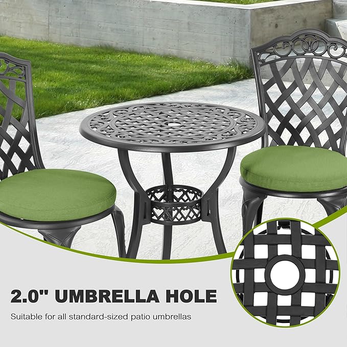 NUU GARDEN 3-Piece Cast Aluminum Patio Bistro Set, Outdoor Table and Chairs Set of 2 with Umbrella Hole and Green Cushions for Patio, Balcony, Garden, Black