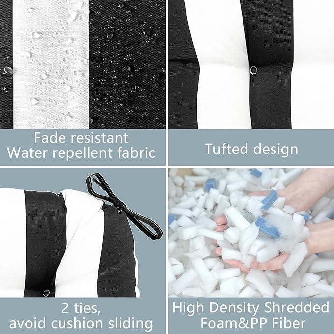 LVTXIII Outdoor Seat Cushions Seasonal Tufted Chair Cushions, Patio Chair Pads for Dining Chairs, Office Armchairs and Garden Furniture Decoration(Round Back, 19”x19”x4”, Cabana Black, 2 Pack)
