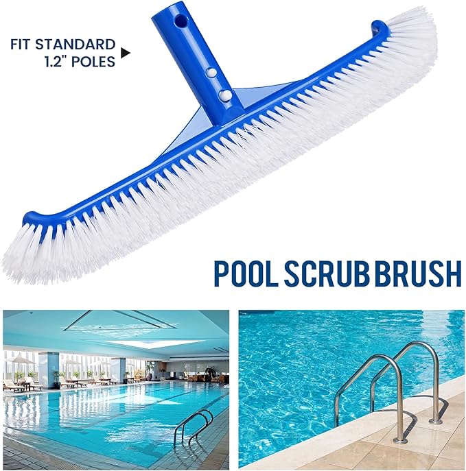 Pool Brush Head - 18" Pool Brush for Cleaning Pool Walls, Premium Swimming Pool Brush with Strong Bristle & EZ Clip, Curved Ends High-Efficiency Pool Accessories for Inground Pools, Tiles, Floors