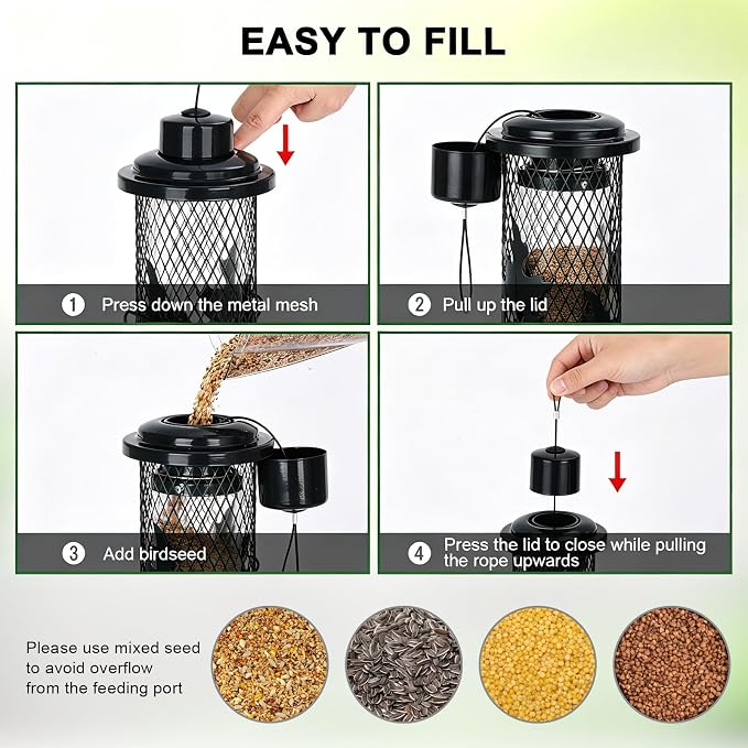 Gbekery Squirrel Proof Bird Feeders for Outdoors Hanging, Black | Metal Wild Bird Feeders for Small Birds with Weight Activated Perches, Weatherproof and Durable, Perfect for Backyard Garden