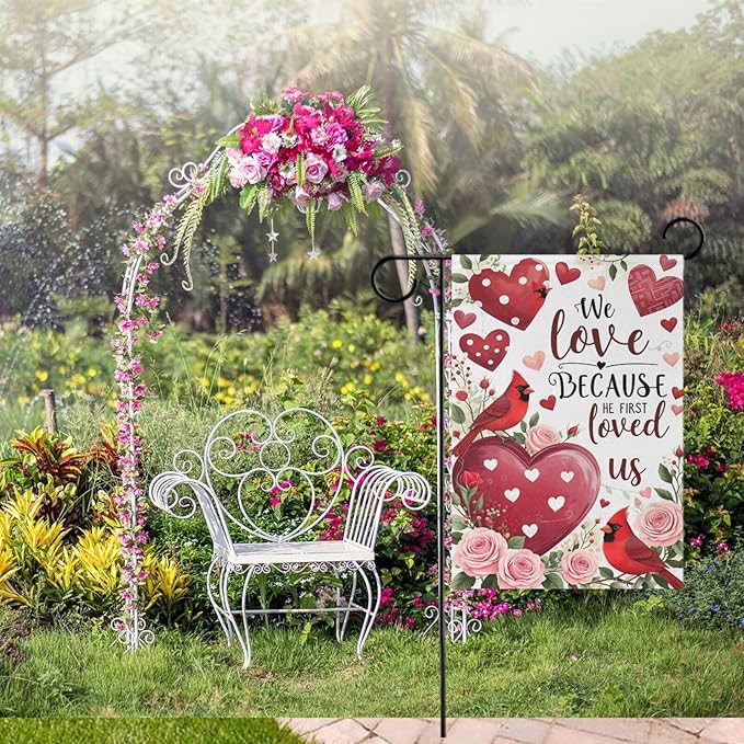 Pfrewn Valentine Garden Flag 12 x 18 Double Sided, Red Rose Floral Cardinal House Yard Flags Welcome Spring Outdoor Indoor Banner for Wedding Party Home Decorations