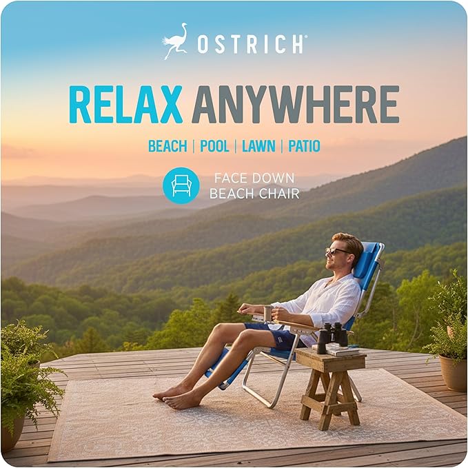 Ostrich the Original 3N1 Lightweight Beach Reclining Lounge Chair with Footrest, Outdoor Furniture for Patio, Balcony, Backyard, or Porch, Blue