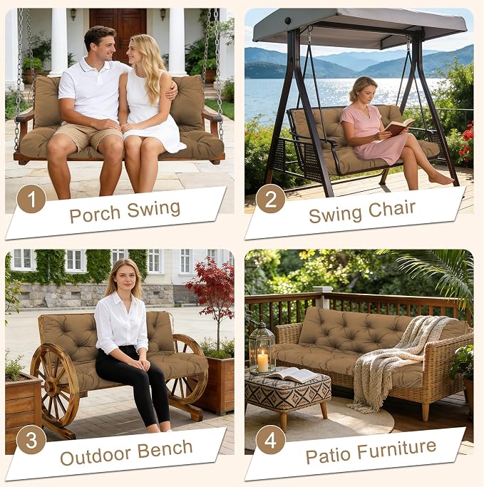 Porch Swing Cushions 70 inch Waterproof & Fade Resistant Thicken 5" Outdoor Swing Cushions 3 Seater Replacement with Backrest & Ties Patio Swing Cushions for Outdoor Furniture (Brown)