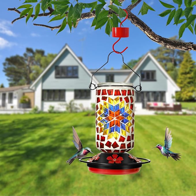Glass Hummingbird Feeder, Red Hummingbird Feeders for Outdoors Hanging, 19 Ounces, Mosaic Flower Bottle Easy to Clean, 5 Feeding Ports, Ant Moat Included