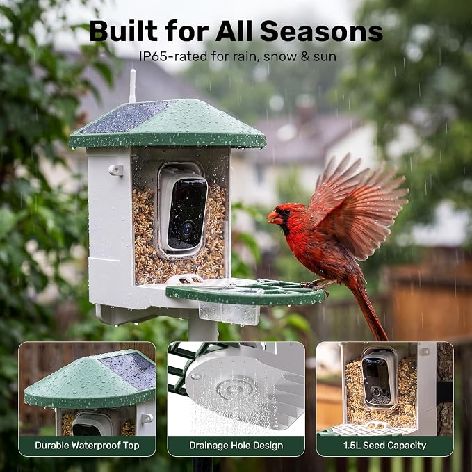 HARYMOR Smart Bird Feeder with Camera Solar Powered, 2K HD Live Video, 10,000+ Bird Species AI Identification, Wild Bird House Feeders for Outdoors, Instant Arrival Alerts, Ideal Gift for Bird Lovers