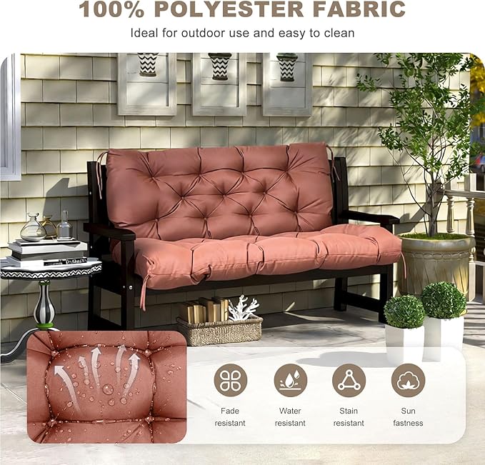 Porch Swing Cushion with Backrest,Waterproof Bench Cushion for Outdoor Furniture,2-3 Seater Replacement Thickened Swing Cushion with Ties,Patio,Outdoor,Backyard and Garden (Coffee,40x40)