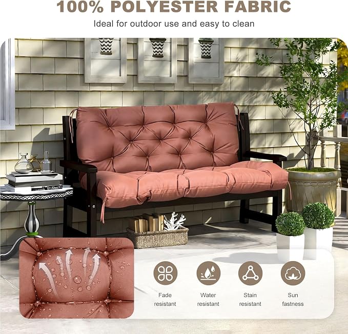 Porch Swing Cushion with Backrest,Waterproof Bench Cushion for Outdoor Furniture,2-3 Seater Replacement Thickened Swing Cushion with Ties,Patio,Outdoor,Backyard and Garden (Coffee,47x40)