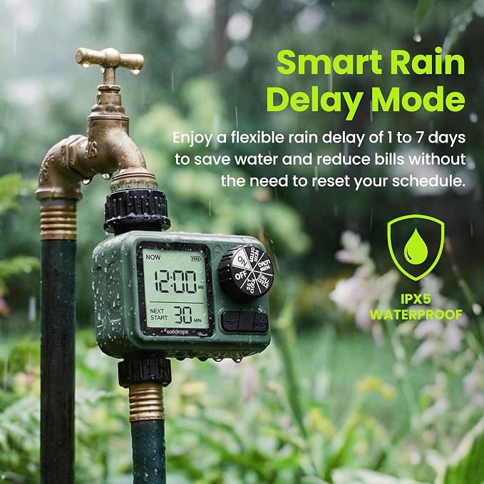 Sprinkler Timer for Garden Hose, Programmable 1 or 2 Outlet Controller with Self-Cleaning Valve, 15-Day Frequency, Large Dial, Rain Delay & Auto-Off, IPX5