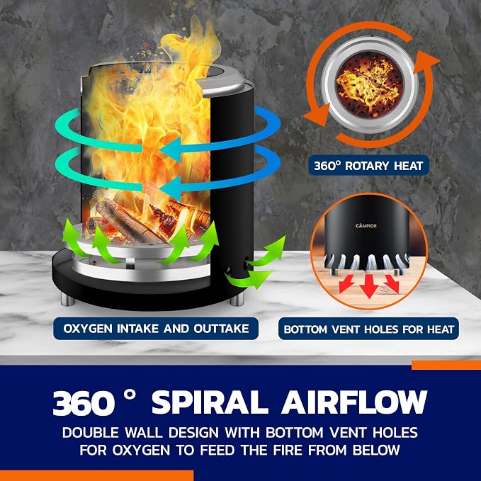 CAMPIOR Wood Burning Fire Pit Stove with Black Exterior - Smokeless Outdoor Stove for Efficient Wood Fires, Camping, and Gatherings, Stainless Steel with Removable Ash Pan, Stand and Carry Bag