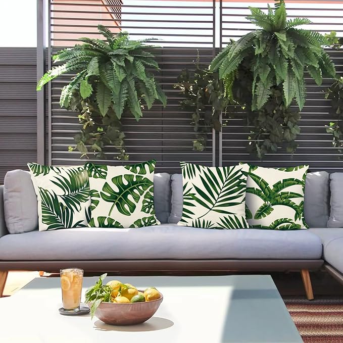 Bonhause Tropical Leaves Throw Pillow Covers 16x16 Set of 4 Green Palm Leaf Decorative Pillow Cases Polyester Linen Outdoor Cushion Covers for Sofa Couch Garden Home Decor