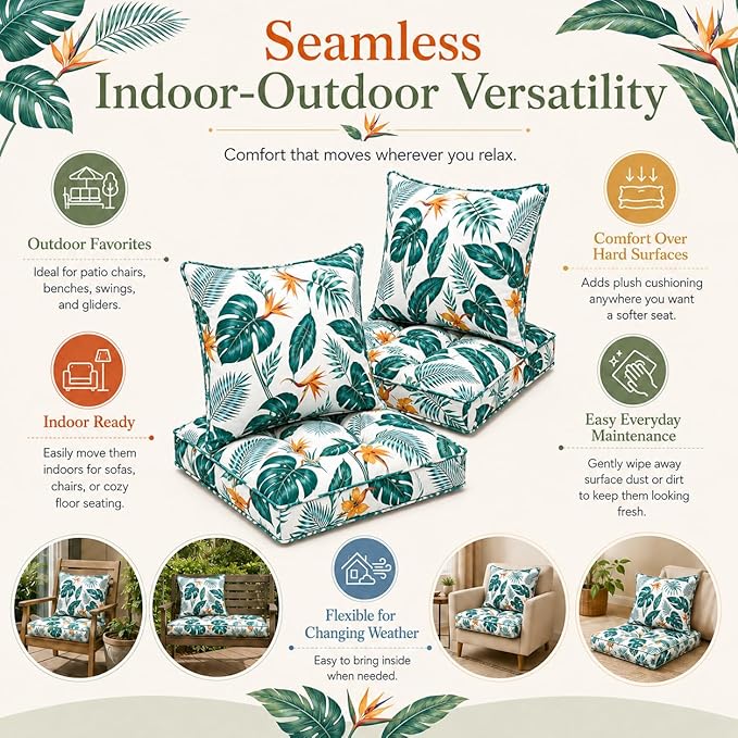 22x22 Waterproof Outdoor Chair Cushions Set of 2, Patio Cushions for Outdoor Furniture Water-Resistant & Fade-Resistant, Deep Seat & Back Cushion for Wicker Sofa (Yellow Leaf)