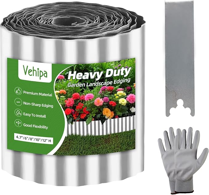 Vehipa Garden Edging Brooder for Landscaping, 8" x 30 Ft Corrugated Landscape Edging, Garden Bed Edging Lawn Edging for Flower Bed, Landscape Border for DIY Lawn, Yard (Silver)