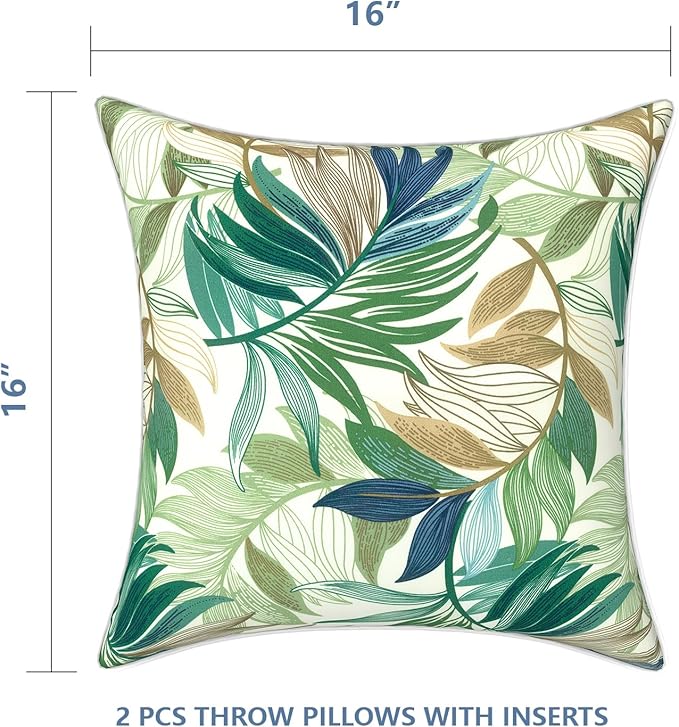 LVTXIII Outdoor/Indoor Throw Pillows, Decorative Patio Accent Pillows, Fluffy Water Repellent Garden Cushions for Home Patio Coach Sofa Use, 16×16 Inch, Pack of 2, Lush Leaf Green