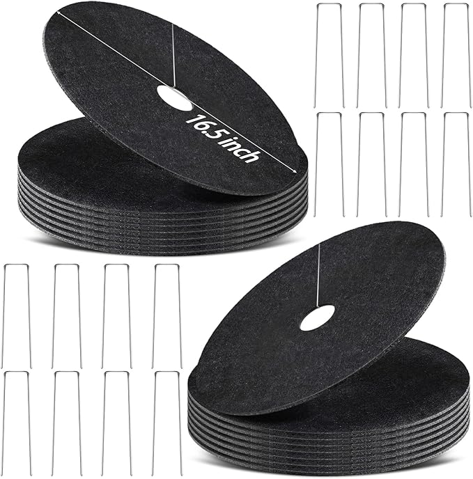 16 Pack Non-Woven Tree Mulch Ring, 16.5 Inch Degradabl Tree Protection Mat, Weed Barrier Round Mats with 16 Staples Stakes for Weed Growth RootProtection Resistant and Reusable