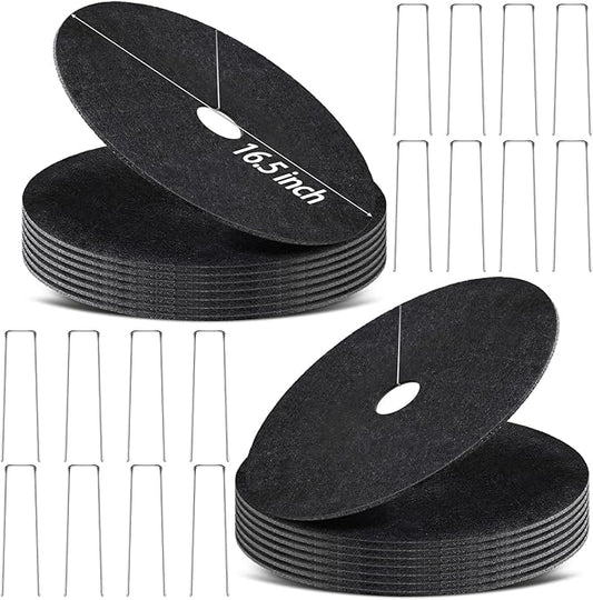 16 Pack Non-Woven Tree Mulch Ring, 16.5 Inch Degradabl Tree Protection Mat, Weed Barrier Round Mats with 16 Staples Stakes for Weed Growth RootProtection Resistant and Reusable