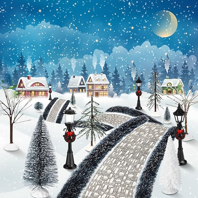 Hotop 18pc Christmas Village Accessories 47.2 Inch Village Roads Mini Snowy Trees Streets Light Lamppost Hedge Figurines Set for Display Winter Holiday Decorations DIY Crafts No Batteries(Rustic)