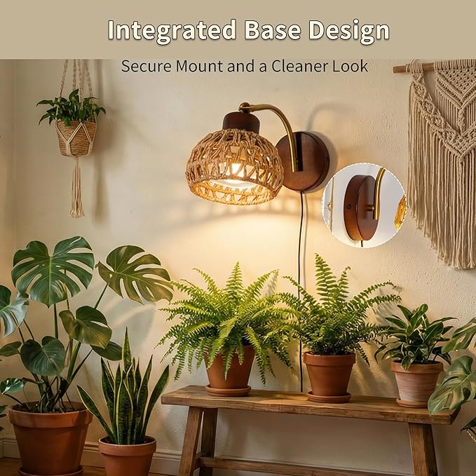 Hanging Grow Lights for Indoor Plants, Auto Cycle Timer, 18W Full Spectrum Wall Mounted Grow Light, Boho Rattan Lantern Shade, Adjustable Head, 16 FT Power Cord for Indoor Plant Growing, Flowers