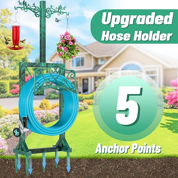 Garden Hose Holder for Outside, Upgraded Water Hose Holders with 2 Shepherds Hooks,Freestanding Heavy Duty Hose Stand Hose Hanger Hose Storage Hose Reel Rack for Yard Lawn Farm(Antique Green)
