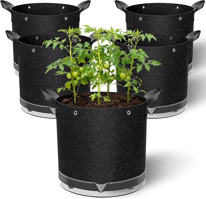 5 Pack 5 Gallon Self-Watering Grow Bags, Thick Nonwoven Fabric Pots with Support Rings and Reinforced Handles, Self-Watering Planters with Bottom Reservoir for Tomatoes Peppers Potatoes and Vegetables