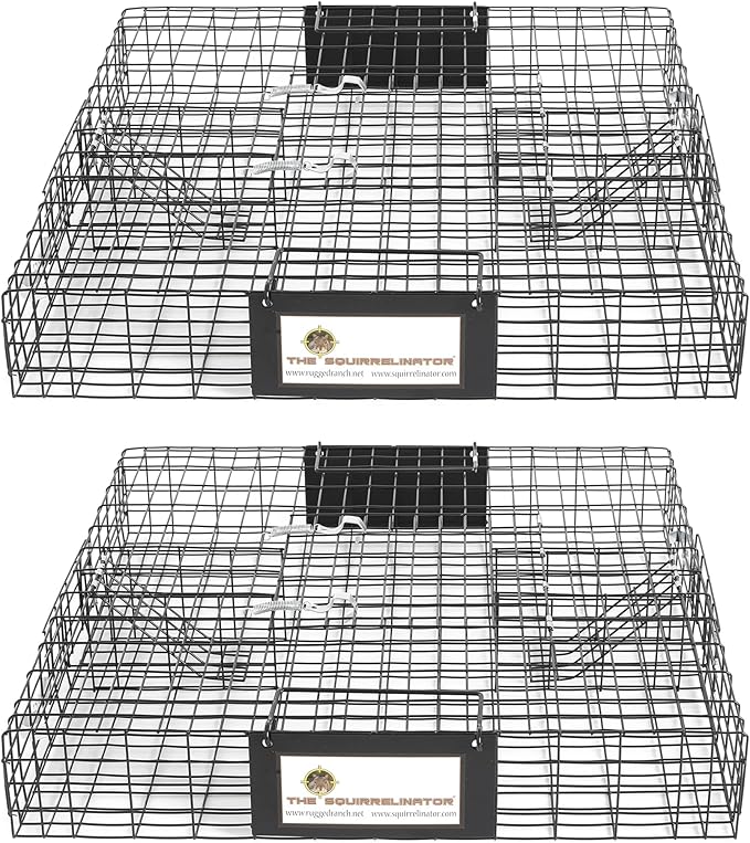 Rugged Ranch 2‑Pack Squirrelinator Multi‑Catch Squirrel Trap with Basin, Wire Cage, 25"x15"x6.5" Each - Live Catch‑and‑Release, 2‑Door Humane Rodent Control, No‑Poison Outdoor Use