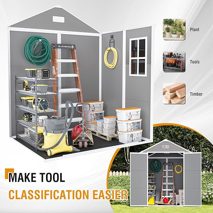 YOPTO 6x5 FT Resin Storage Shed,Garden House with Floor & Lockable Door,Waterproof Plastic Tool Sheds W/Slanting Roof Visual Window & Air Vents for Bicycles,Lawnmowers,Lawn,All Weather Use,Gray
