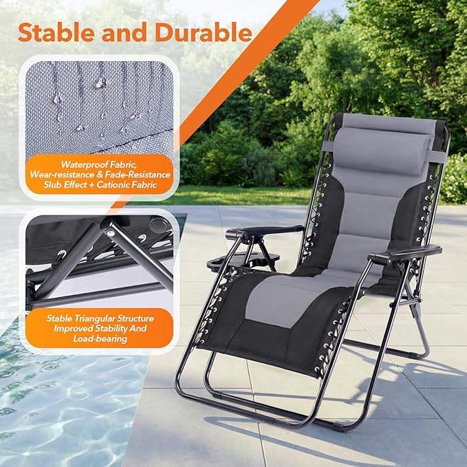 Sweetcrispy Zero Gravity Chairs, Foldable Patio Reclining Chairs with Adjustable Pillow & Cup Holder, Oversized Portable Support 400 lbs, for Backyard Camping(Black-Gray)