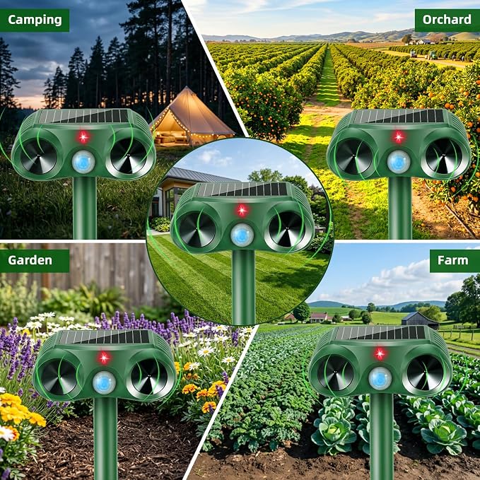 2026 Upgraded Solar Ultrasonic Animal Repellent Sonic Deer Repellent Devices Cat Deterrent Outdoor with Motion Sensor to Keep Raccoon Squirrel Rabbit Dog Away from Yard Lawn Garden 4 Pack