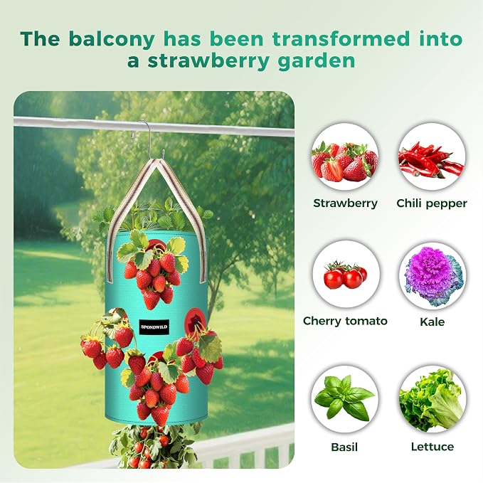 3 Pack Hanging Strawberry Planter Bags, 5 Gallon Hanging Grow Bags with Bottom Planting Hole, Thickened PE Strawberry Pot for Vegetables Herbs Tomatoes