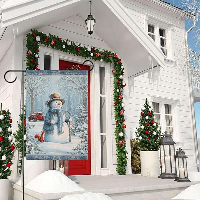 Pfrewn Christmas Winter House Flag 28x40 Double Sided Snowman Squirrel Snow Forest Large Garden Yard Flags Welcome Seasonal Outdoor Indoor Banner for Xmas Holiday Yard Home Decoration