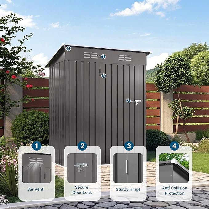 5x3FT Metal Storage Shed Outdoor Garden Tool Shed, Galvanized Steel Compact Weather Resistant Backyard Organizer, Lockable Utility Storage House for Patio Courtyard Equipment Storage Multi Use