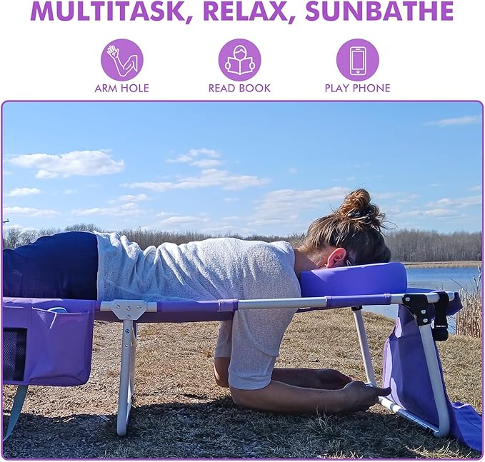 Oversized Extra Wide Tanning Chair with Sun Canopy Face Hole Padded Adjustable Washable, Heavy Duty Layout Folding Lounge Chair for Outside Beach Reading Sunbathing, UPF 50+, XL, Plus Size, 330 LBS