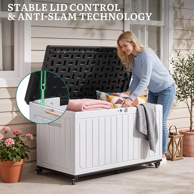 YITAHOME 90 Gallon Outdoor Storage Box with 6 Swivel Wheels & Dual Wooden Handles, Large Double-Wall Resin Deck Box, Lockable Waterproof Patio Organizer for Furniture, Cushions, White & Black