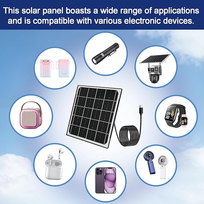 Eco-friendly 6W 5V Monocrystalline Solar Panel, Type-C Interface, IP66 Waterproof, 6.5-foot Cable, High Conversion Rate, Compatible with Various Electronic Devices
