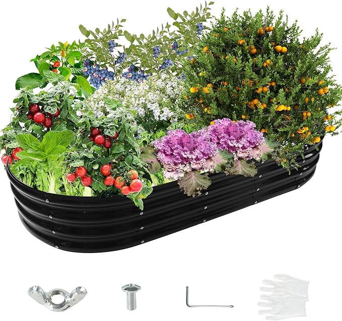 YSEJOMP 6X3X1 FT Oval Galvanized Metal Garden Raised Bed/Plant Box for Planting,36 Inches Diameter Iron Fire Pit Ring,Small Animal Fence-3 in 1 Modular Design in Black (Black, 72X36X11.5 Inches)