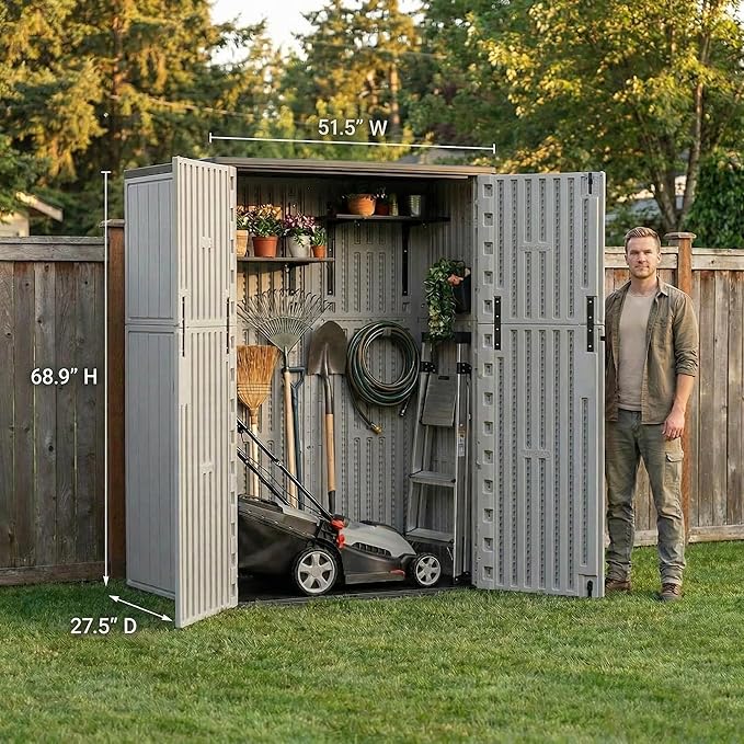 Outdoor Storage Shed 57 Cu.ft Weatherproof Resin Storage Cabinet with Floor, Lockable Vertical Shed for Garden Tools, Lawn Mower, Pool Equipment & Organization – Shelves Not Included
