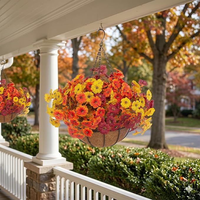 Hananona 2 Set Artificial Outdoor Fall Flowers with Hanging Basket, 2 Hanging Planters with 24 Pcs Flowers for Autumn Front Porch Garden Patio Home Decor (2, Orange,Yellow,Burgundy)