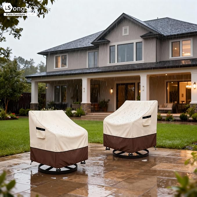 Outdoor Swivel Chair Cover 2 Pack,100% Waterproof Heavy Duty Patio Chair Covers,(30 W x 34 D x 38.5 H inches) Swivel Patio Chair for Outdoor Furniture Covers Waterproof,Beige&Brown