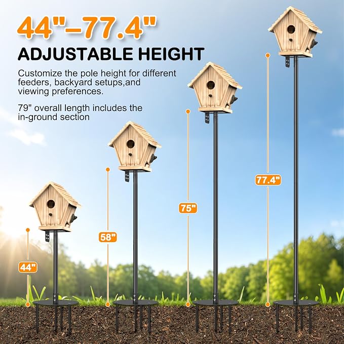 Bird Feeder Pole 85 Inch, Heavy Duty Adjustable Bird House Pole Mount Kit | Universal Top and Side Mount for Smart Bird Feeders, Bird Houses, Seed Trays and Weather Stations with 4-Stake Stable Base